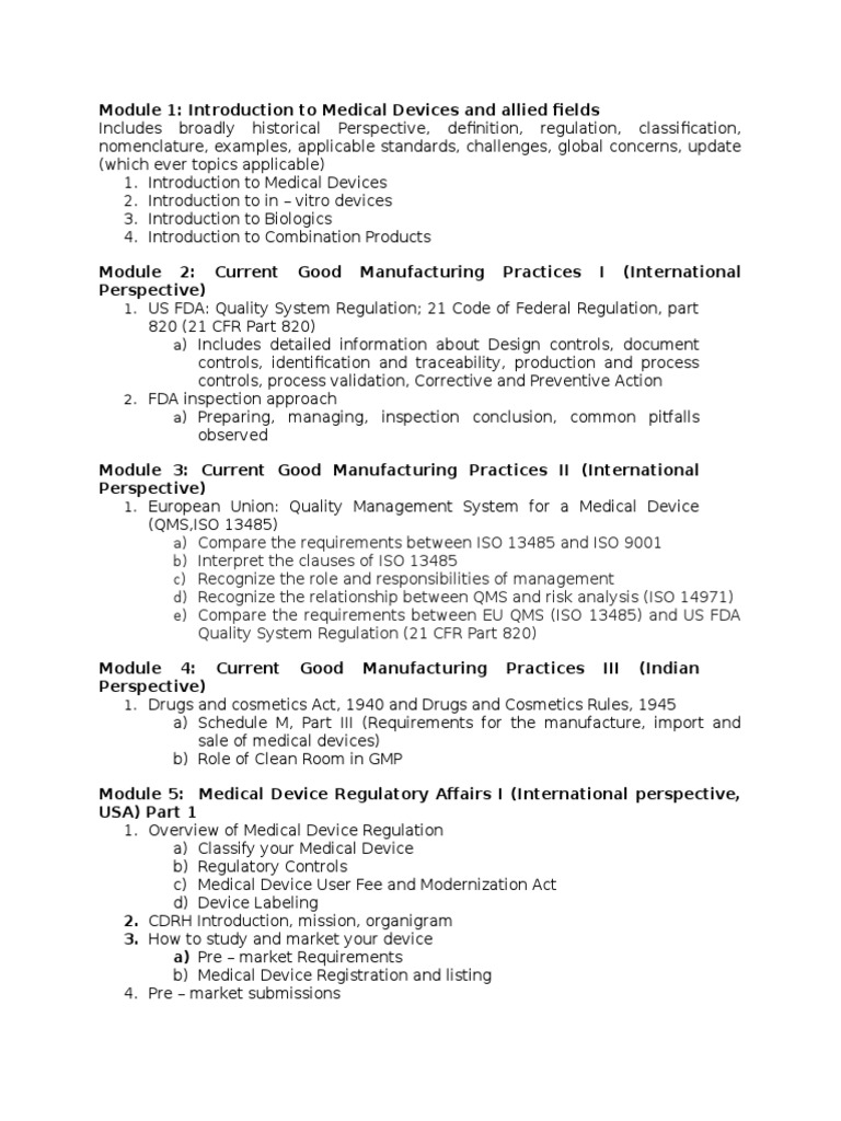 Syllabus For Medical Devices PDF Medical Device Quality