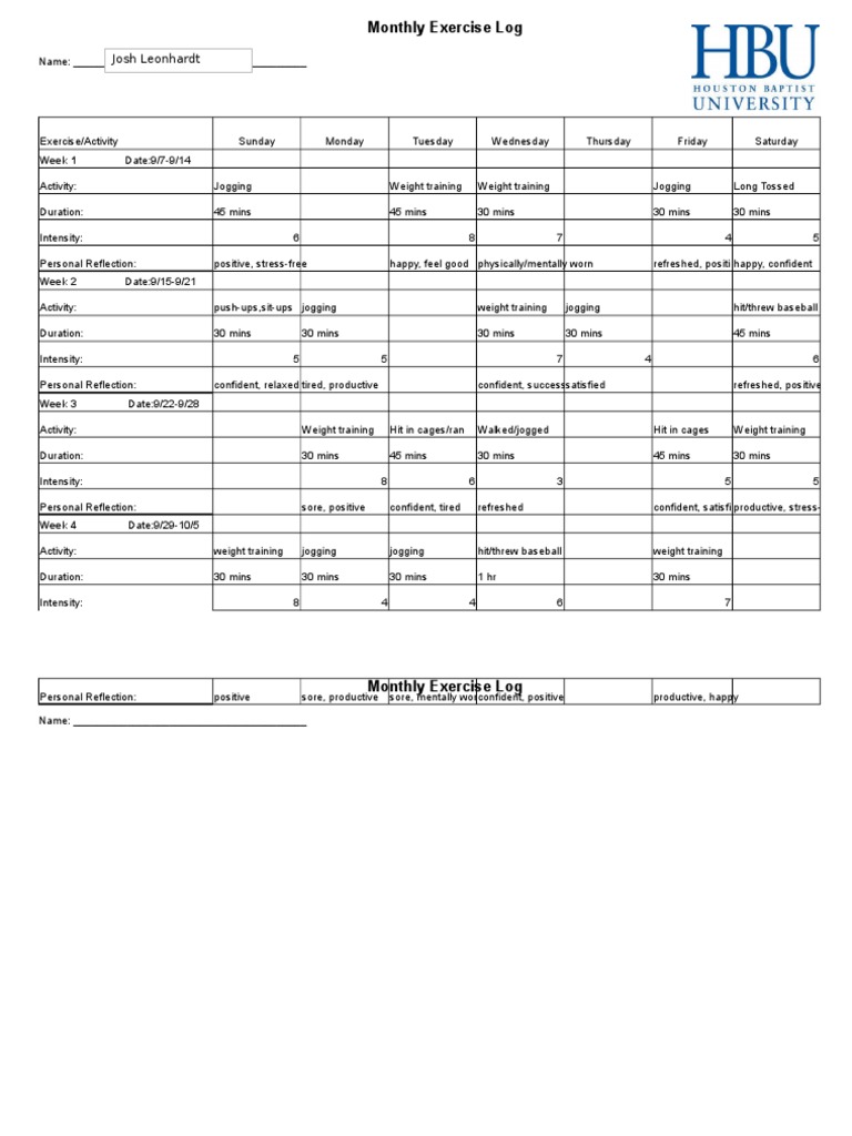 Monthly Exercise Log Template | PDF
