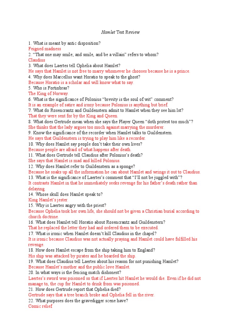 Hamlet Test Review Hamlet Shakespearean Characters