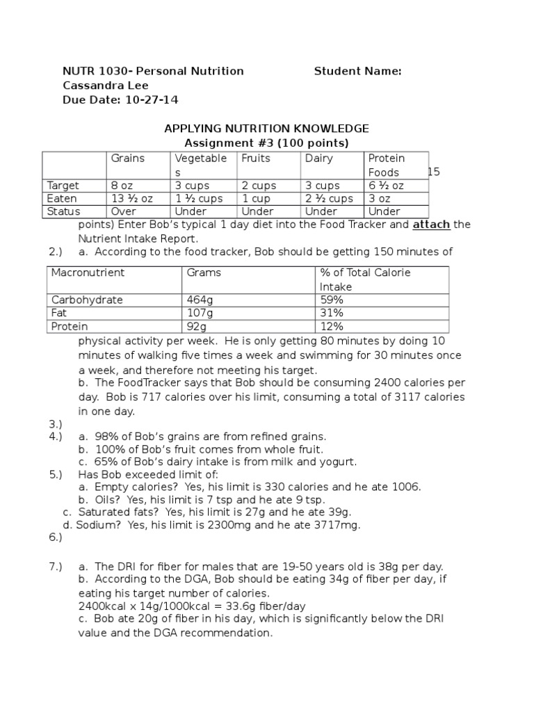 Personal Diet Analysis for Bob | PDF | Nutrients | Dietary Fiber