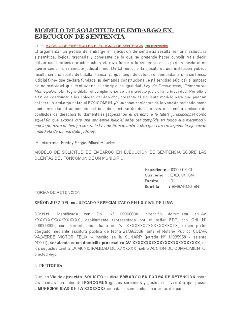 Modelo de Solicitud de Embargo en Ejecucion de Sentencia | PDF | Caso de  ley | Ley procesal