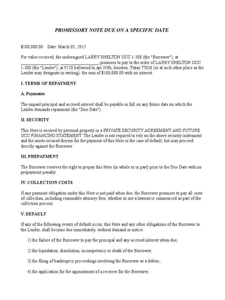 My Promissory Note Due On A Specific Date | PDF | Debtor | Bankruptcy