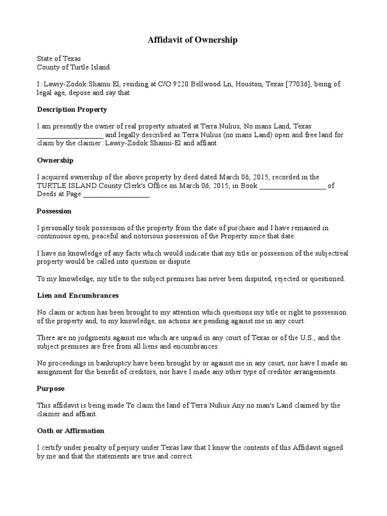 Texas Affidavit of Property Ownership | PDF