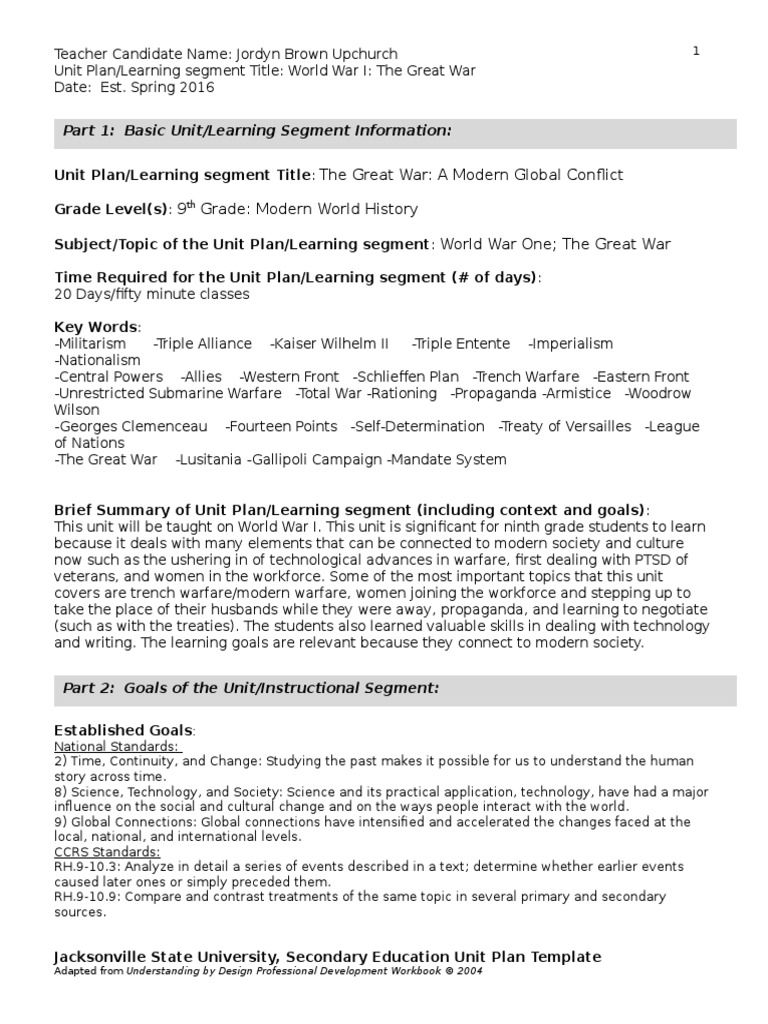 Unit Plan 2015 | PDF | Educational Assessment | World War I