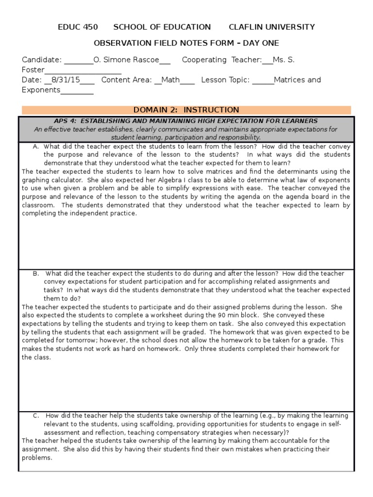 Observation Field Notes Form Homework Teachers