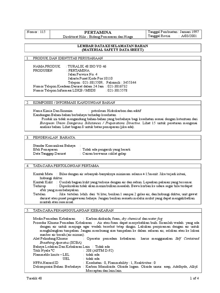MSDS Turalik 48 ISO VG 46 | PDF