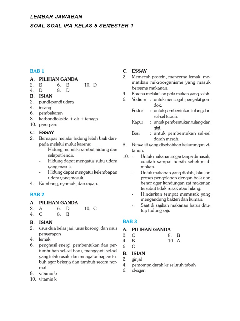 Kunci Jawaban Soal Soal Ipa Kelas 5 Semester 1