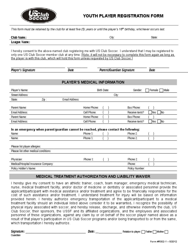 r002 y Youth Player Registration Form | PDF