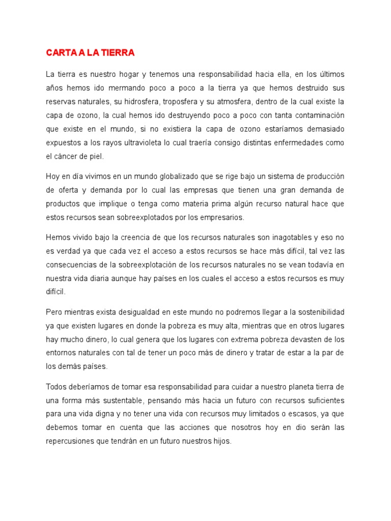 Carta A La Tierra PDF Tierra Sustentabilidad