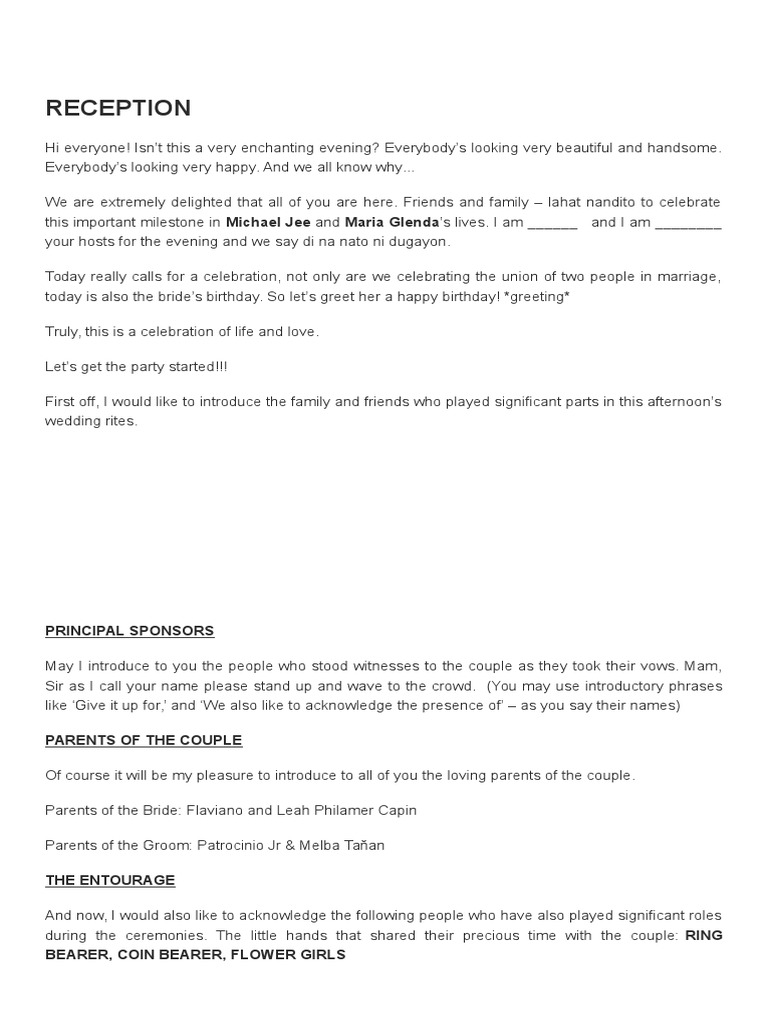 Wedding Emcee Script Sample 102315 Pdf Groomsman Wedding