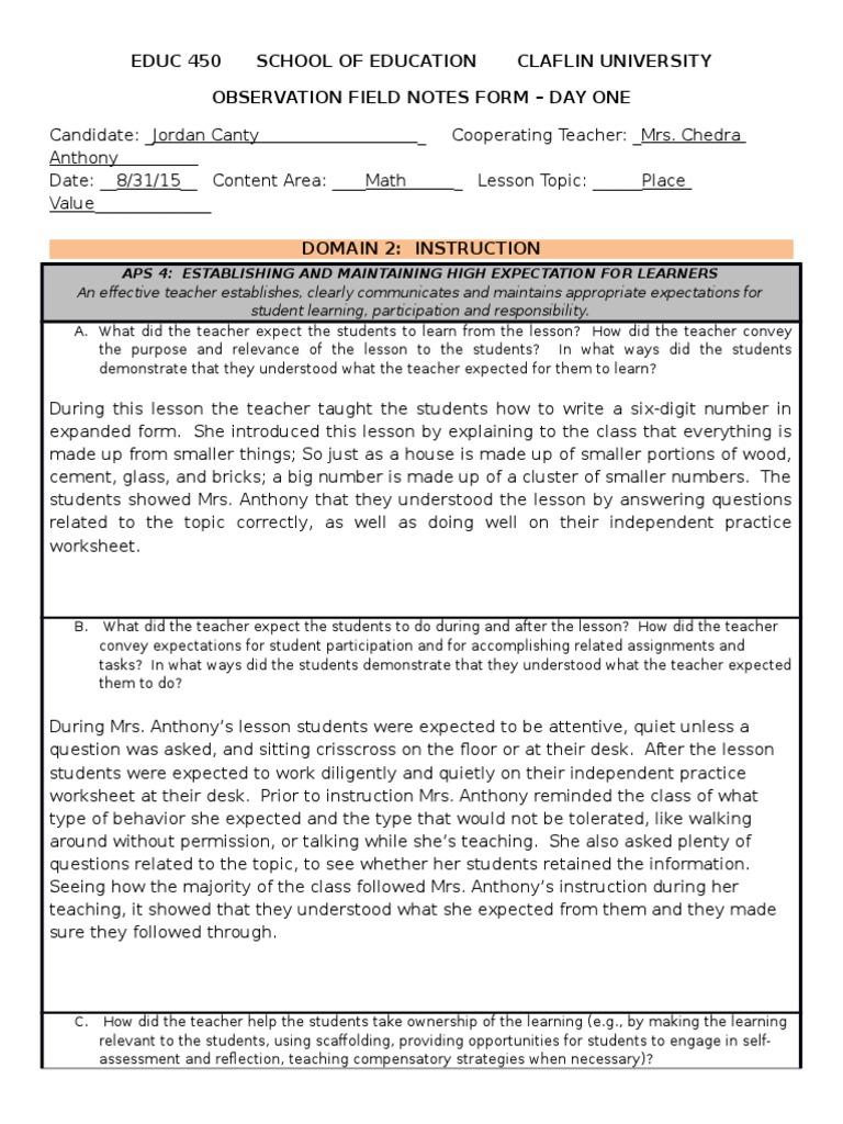 Observation Field Notes Form Teachers Classroom