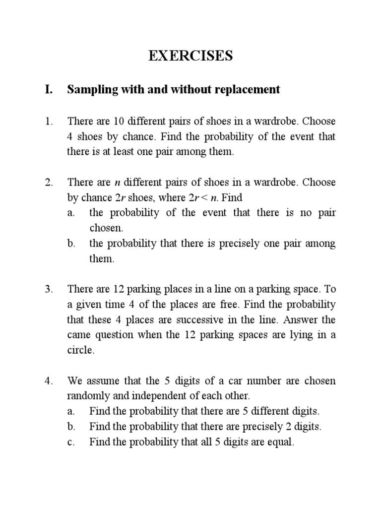 Exercises I. Sampling With and Without Replacement PDF Probability