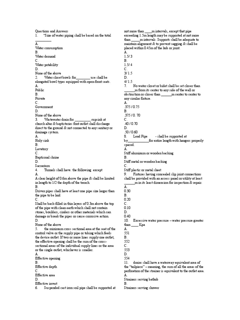 Questions and Answers PDF Plumbing Pipe (Fluid Conveyance)