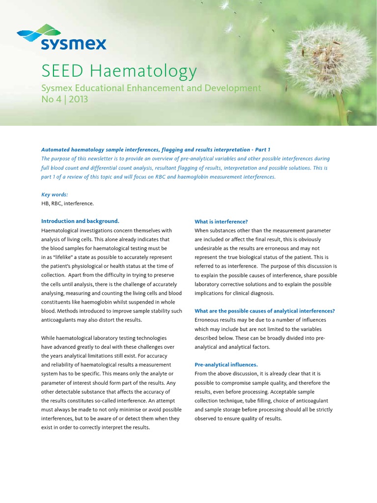 Sysmex SEED 4 2013 Automated Haematology Sample Interferences Flagging ...