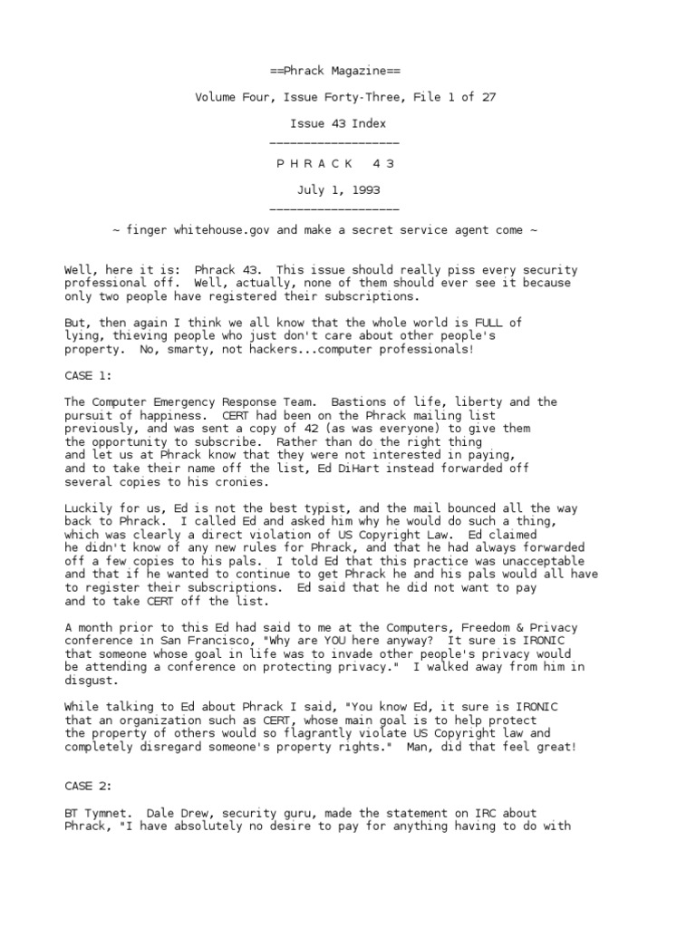 Phrack Magazine Issue 43 | PDF | Treaty | Security Hacker