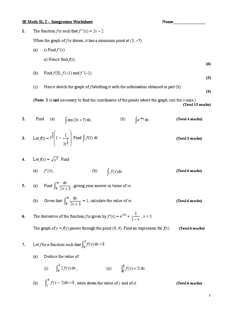 IB Math SL Integration Worksheet | PDF | Science & Mathematics