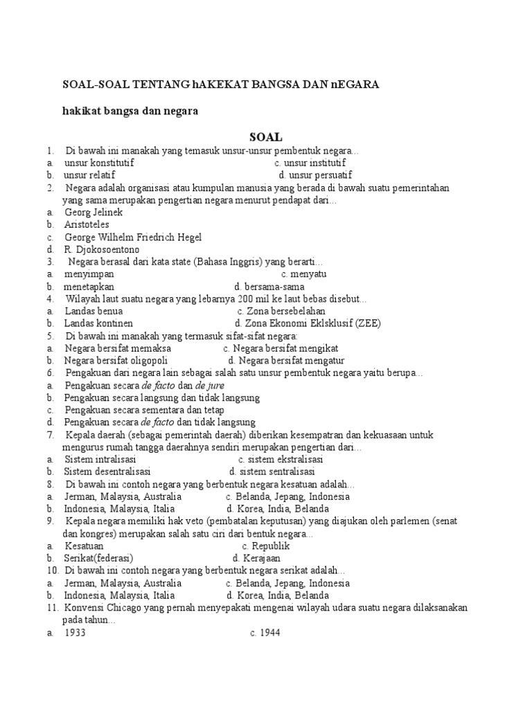Contoh Soal Pilihan Ganda Hakikat Bangsa Dan Negara