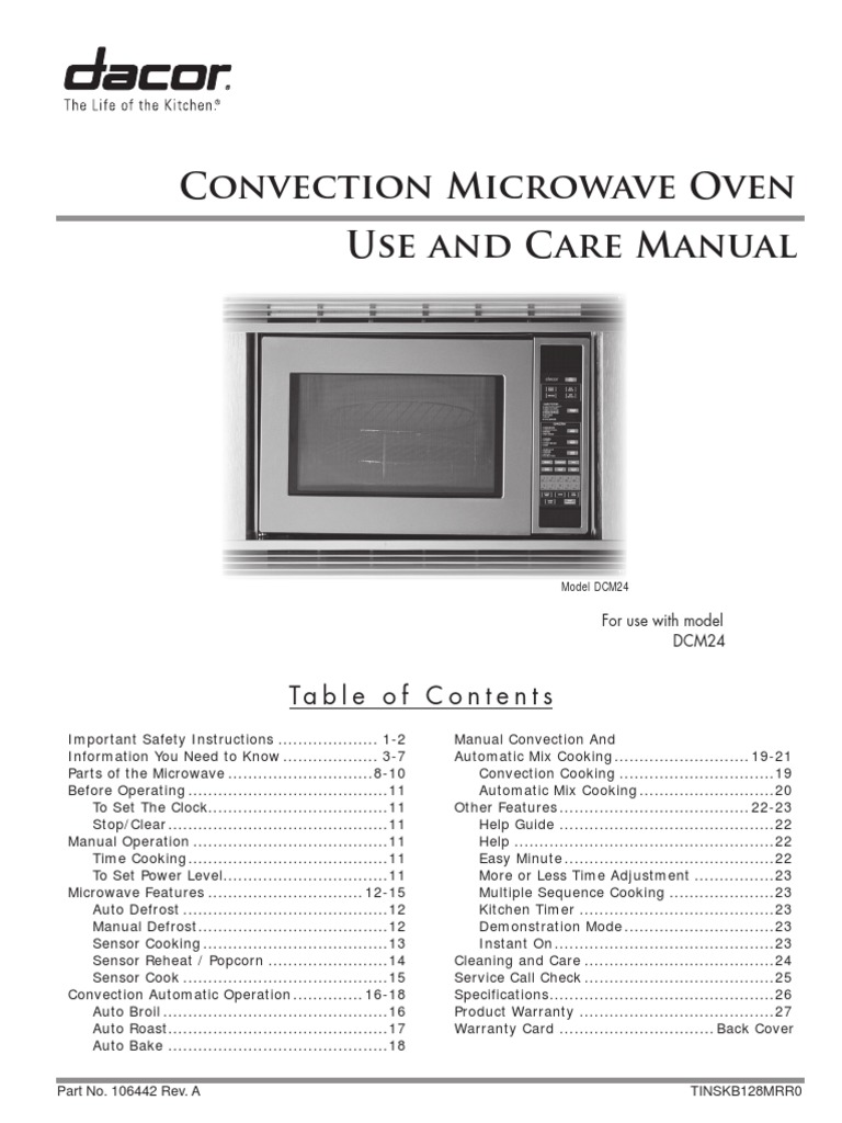 Convection Microwave Oven Use and Care Manual Table of Contents PDF