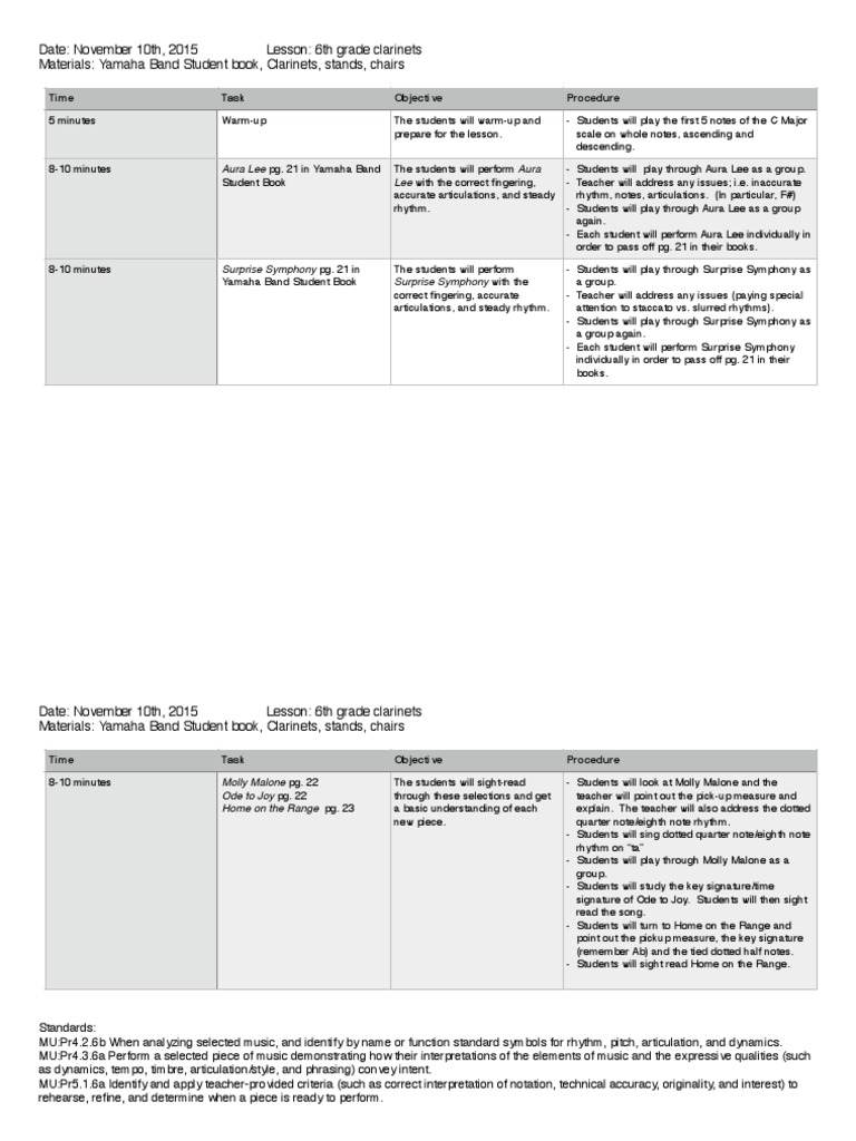 Date November 10th, 2015 Lesson 6th Grade Materials Yamaha