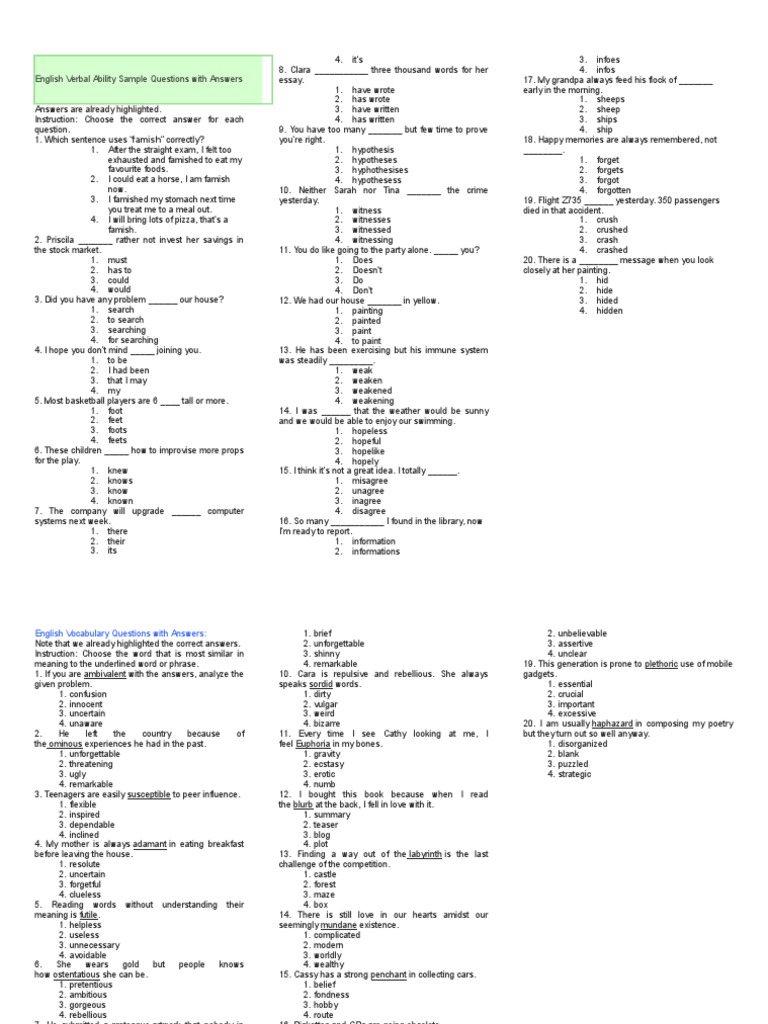 English Verbal Ability Sample Questions With Answers | PDF | Fraction ...