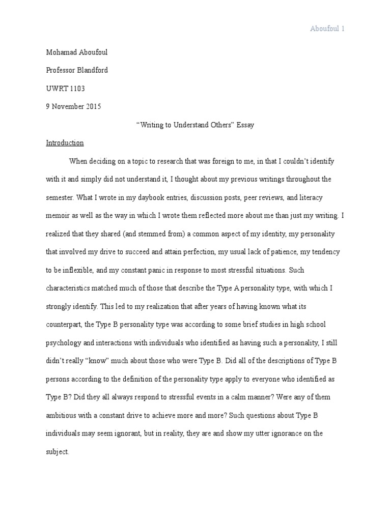 Writing To Understand Others - Essay | PDF | Personality Type ...