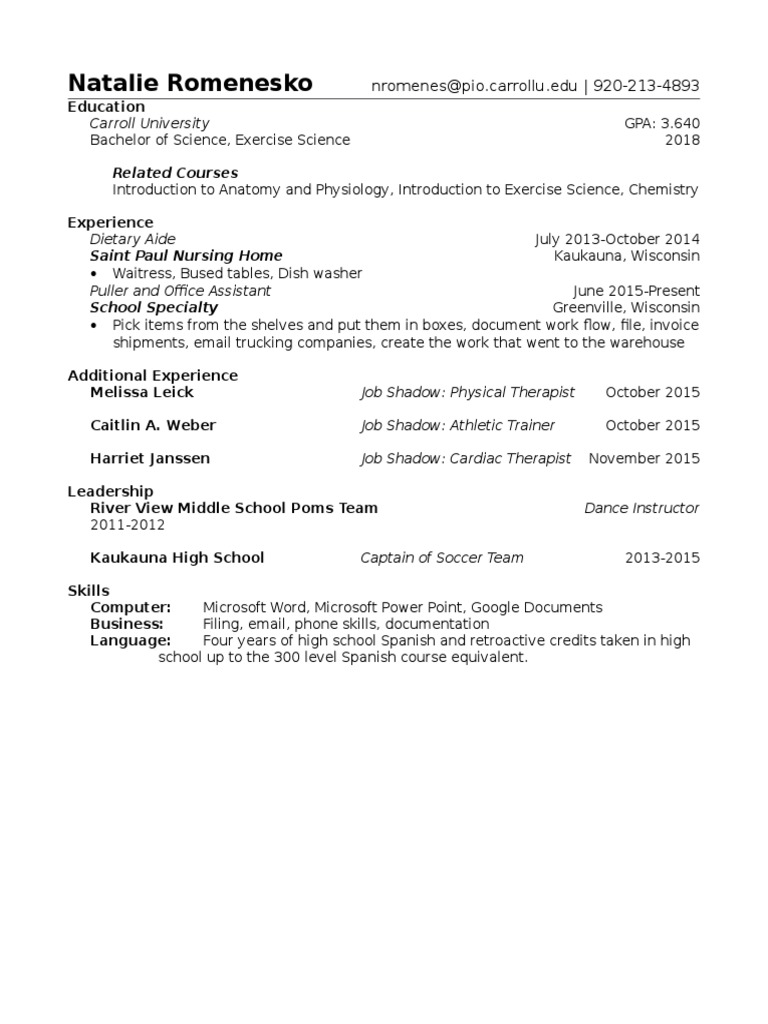 Natalie Romenesko's Exercise Science Resume | PDF
