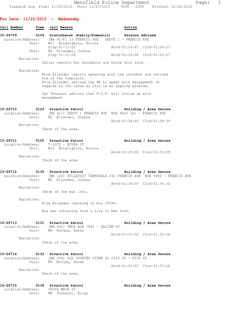 Mansfield MA Police Dispatch Log 11/25/15 | PDF | Vehicles | Wheeled ...