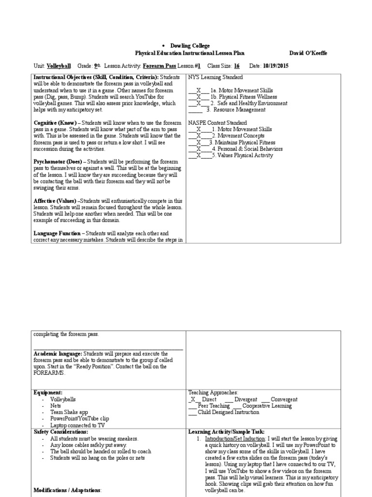 Volleyball Forearm Pass Lesson Plan | PDF | Volleyball | Anatomical ...