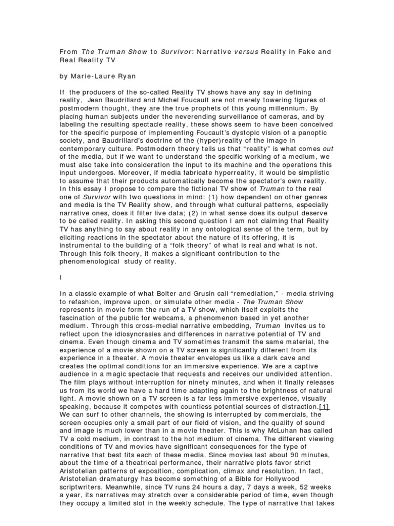 From The Truman Show To Survivor Narrative Versus Reality In Fake And