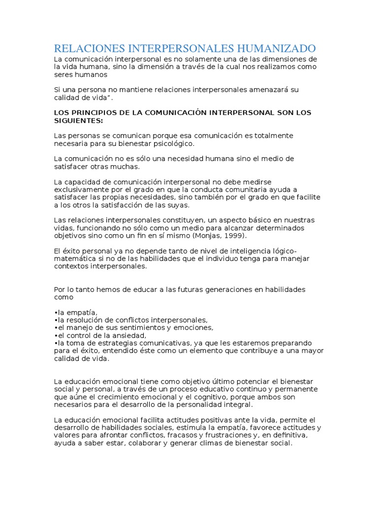 Relaciones Interpersonales Humanizadas | PDF | Las emociones | Adultos