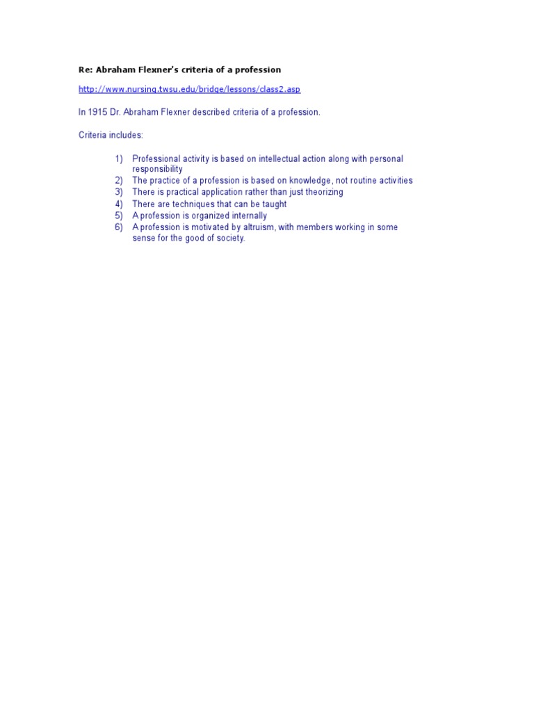 Flexner's Criteria for Nursing Profession | PDF | Behavior Modification ...