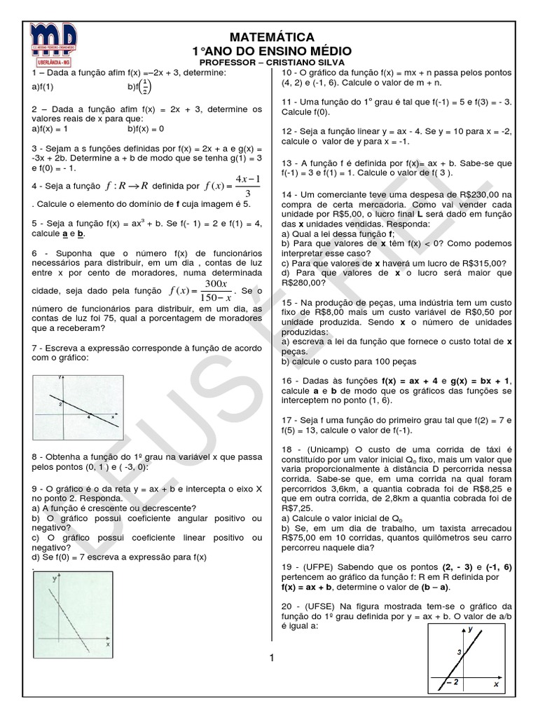 4 Lista de Exercícios - Função Polinomial Do 1° Grau | PDF | Função ...