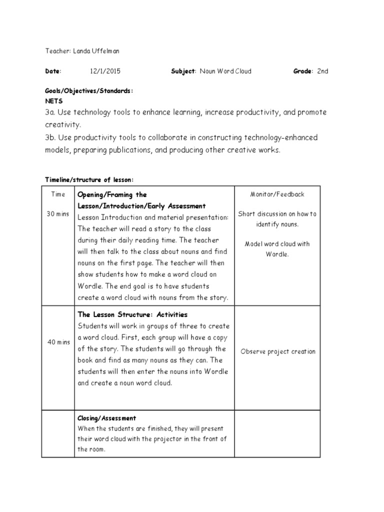 2nd Grade Noun Word Cloud Lesson Plan | PDF