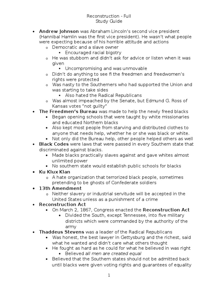 Reconstruction - Full Study Guide | PDF | Reconstruction Era | Jim Crow ...