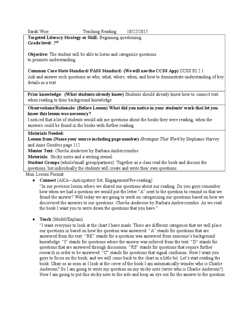 sample lesson plan for fqr think sheet Reading (Process) Lesson Plan