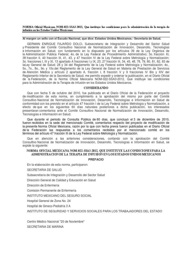 NOM 022SSA32012.pdf Terapia intravenosa Medicina