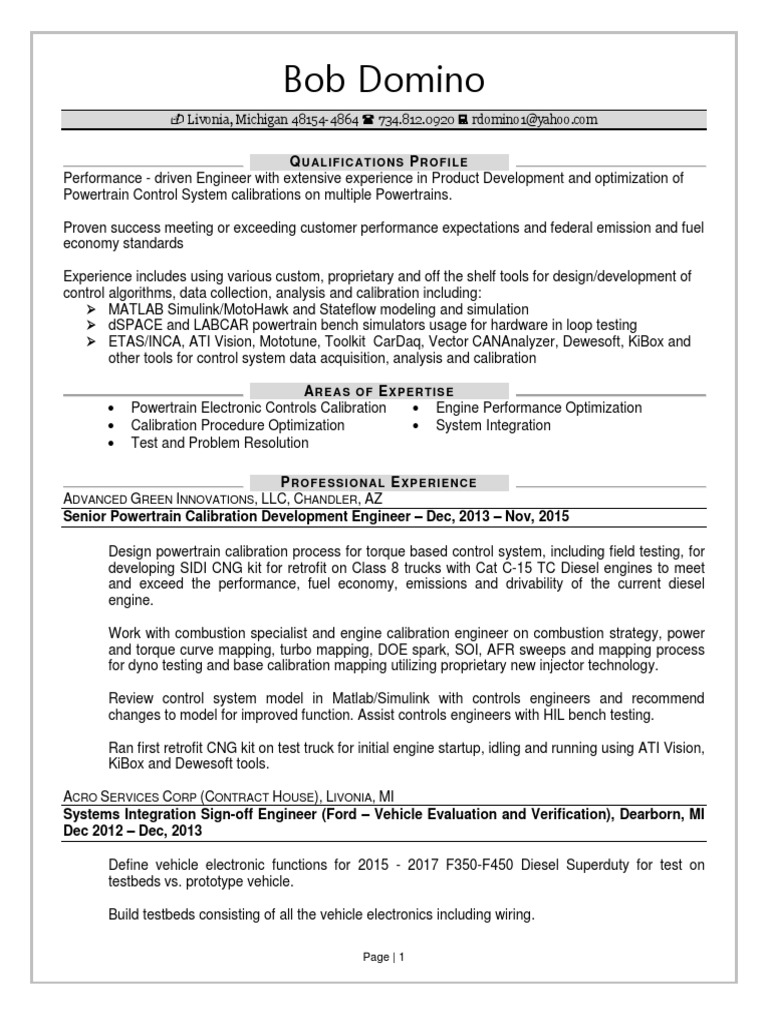 Powertrain Calibration Development Engineer in Greater Detroit MI Resume Bob Domino PDF Ford