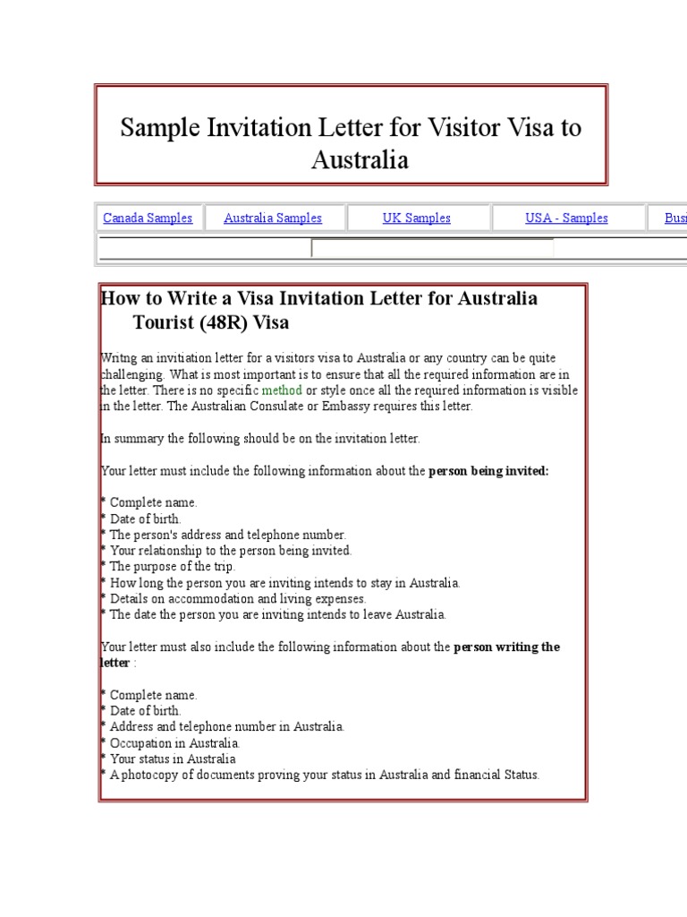 Sample Invitation Letter for Visitor Visa to Australia ...