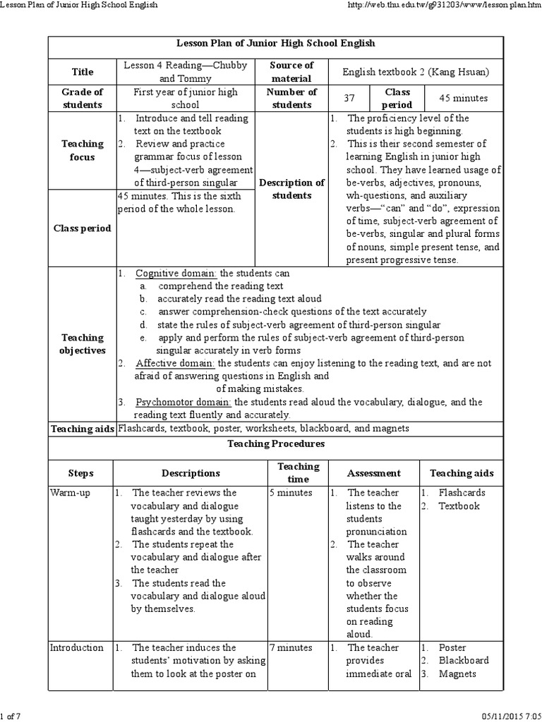 Junior High English Lesson Plan: Reading | PDF | Verb | Question