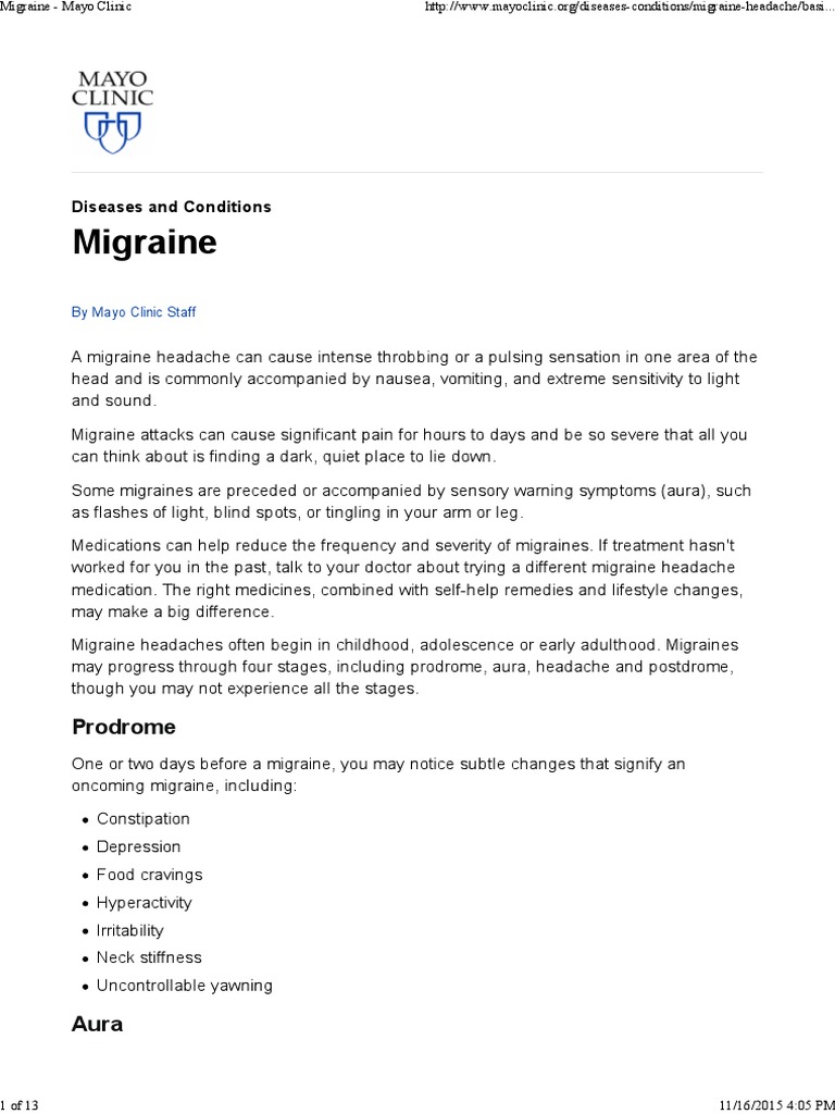 Migraine Mayo Clinic PDF Migraine Headache