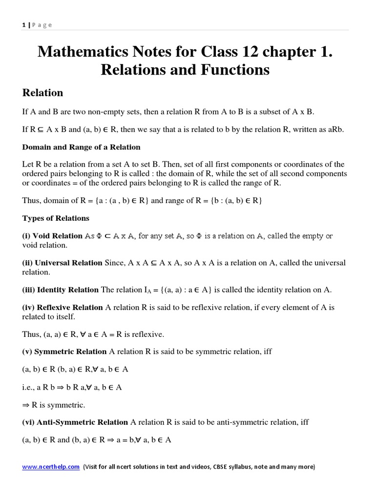 Mathematics Notes and Formula For Class 12 Chapter 1. Relations and ...