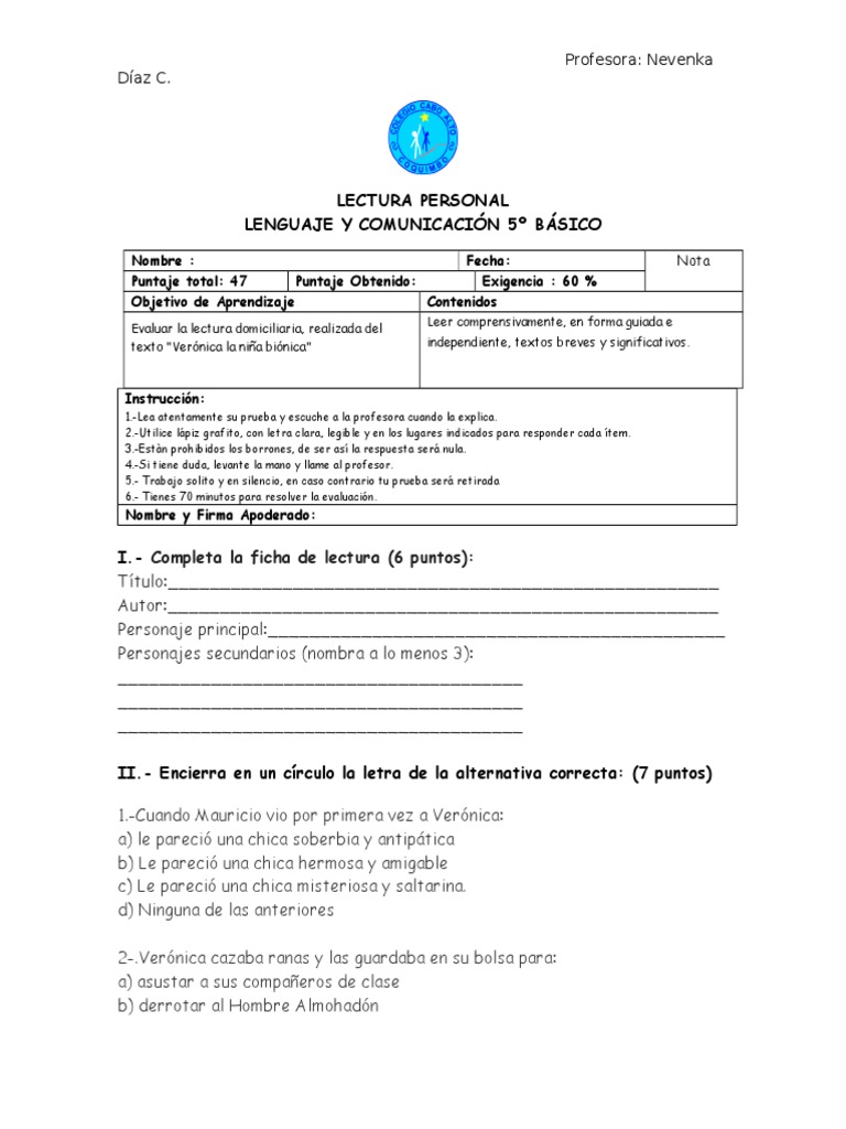 Prueba de lectura: Verónica, la niña biónica | PDF | Estudios de ...