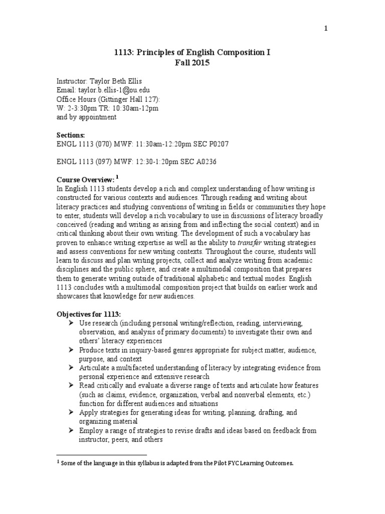 English 1113 Composition Syllabus | PDF | Rhetoric | Literacy
