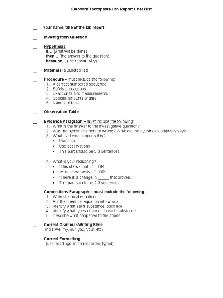 Elephant Toothpaste Lab Report Guide | PDF | Science & Mathematics