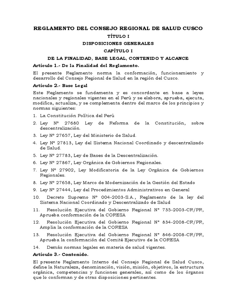 Reglamento Del Consejo Regional de Salud Cusco | PDF | Regulación ...