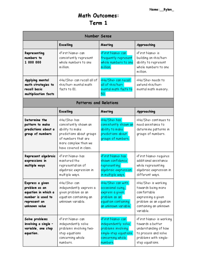 Rylen's Math Outcomes Report Term 1 | PDF