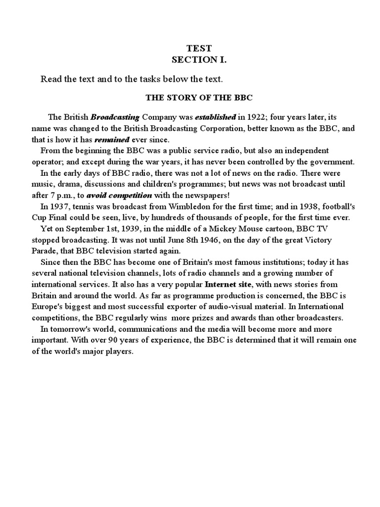 Read The Text and To The Tasks Below The Text.: Test Section I | PDF