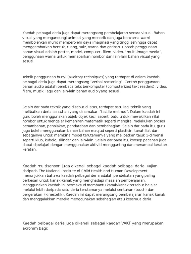 Kaedah Pelbagai Deria Juga Dapat Merangsang Pembelajaran Secara Visual Pdf
