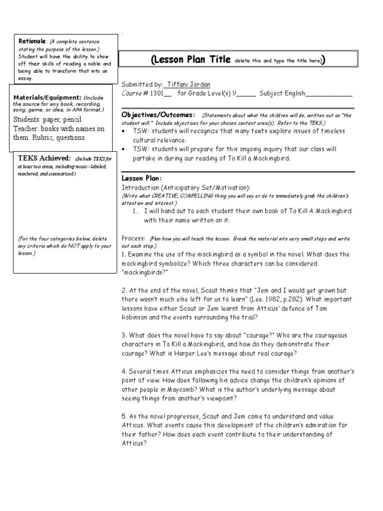 To kill a mockingbird lesson plans