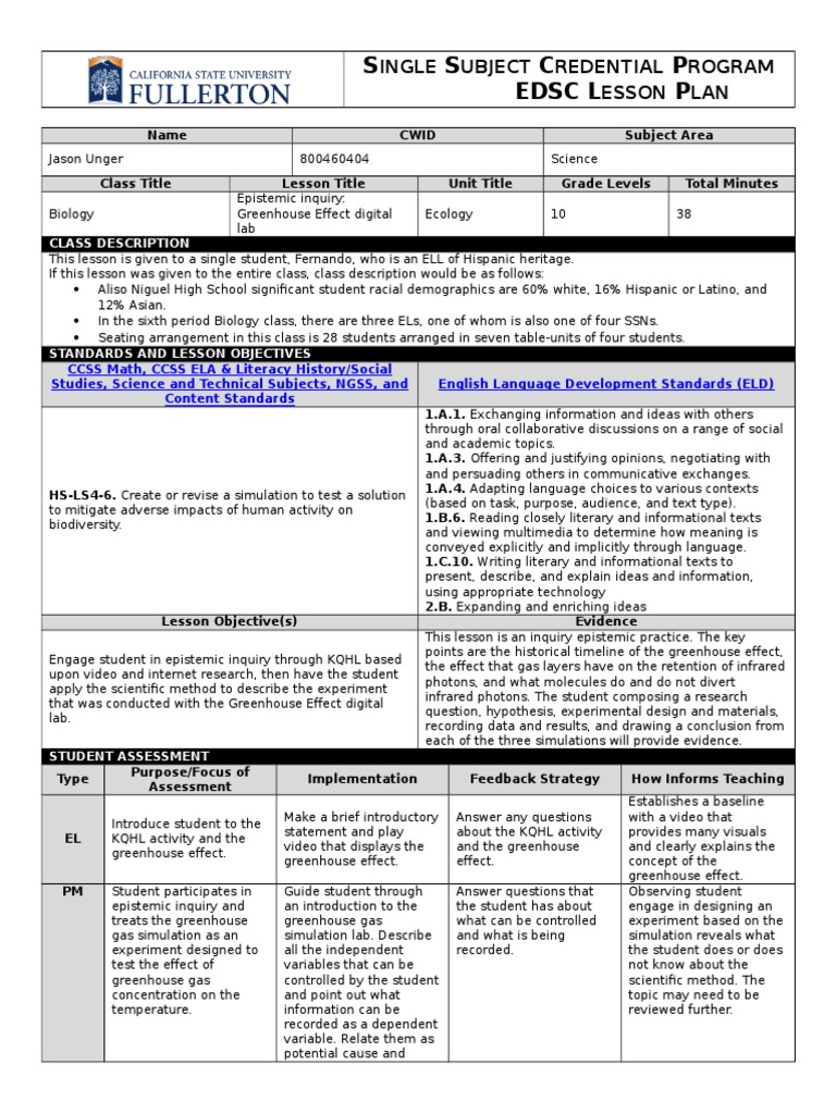 Lesson Plan The Greenhouse Effect | PDF | Experiment | Simulation